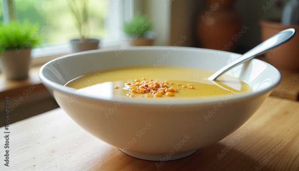 Delicious bowl of soup with toppings on a wooden table near a sunny window Delicious bowl of soup with toppings on a wooden table near a sunny window