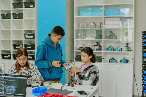 Boy and Girl texting together robot prototype while their classmate repairing her own robot at table photo