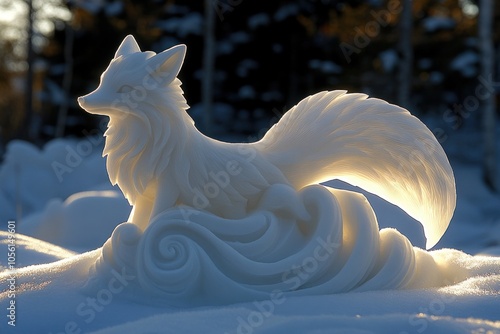 Elegant Snow Fox Sculpture Illuminated by Subtle Winter Sunlight in Forest photo