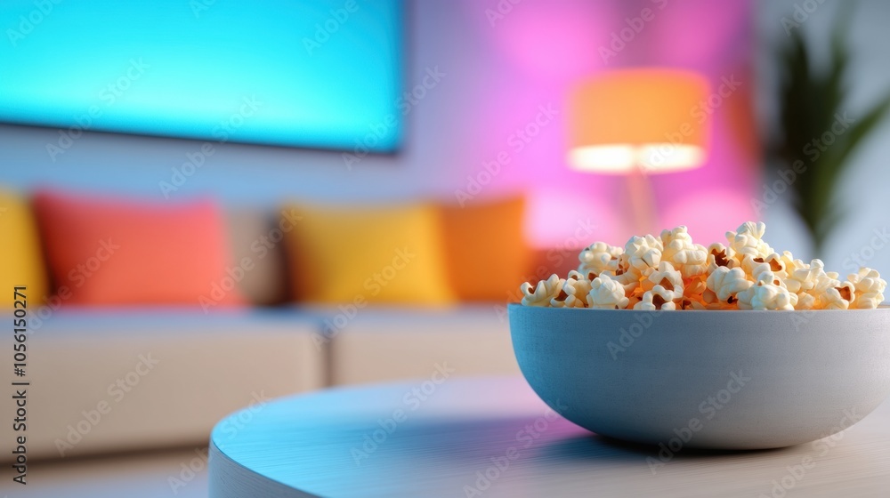 Bowl of popcorn on a table in a cozy, colorful living room setting, AI Bowl of popcorn on a table in a cozy, colorful living room setting, AI