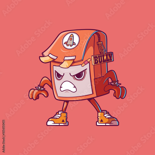 Backpack character with an angry face vector illustration. Education, bullying design concept.