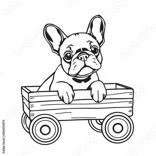 a black and white line drawing of a French Bulldog puppy sitting in a toy wagon