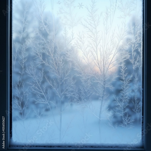 Frosted window with delicate ice patterns at dawn, winter landscape background
 photo