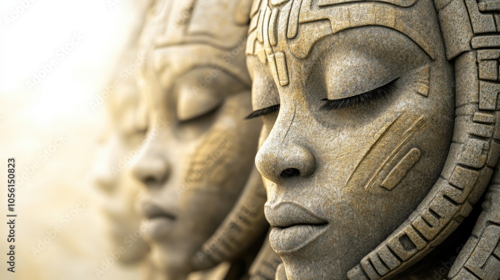 Ancient stone sculptures with serene expressions and intricate carvings, AI Ancient stone sculptures with serene expressions and intricate carvings, AI
