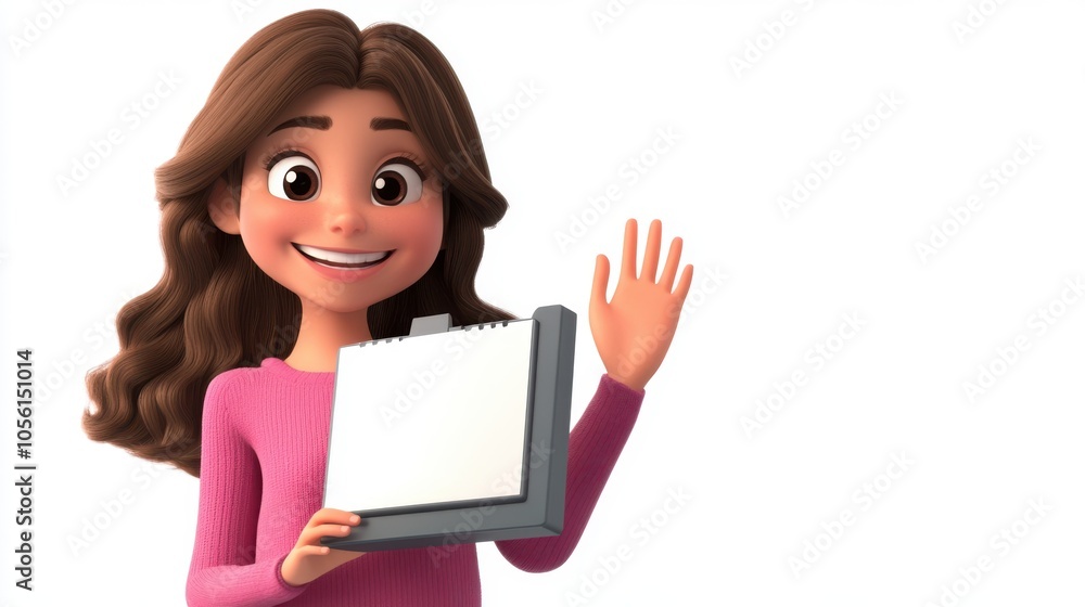 A cheerful 3D cartoon actress happily waving, holding a movie script, A cheerful 3D cartoon actress happily waving, holding a movie script,