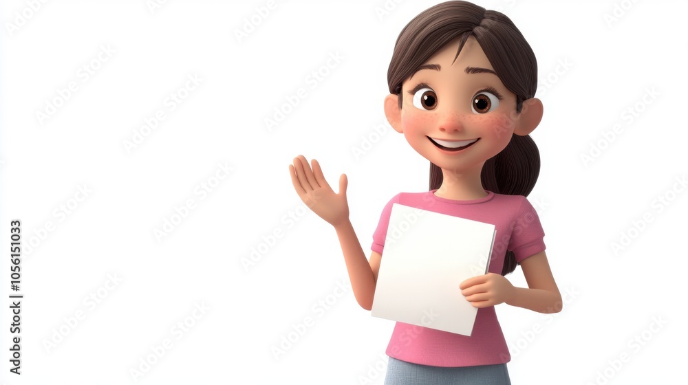 A cheerful 3D cartoon actress happily waving, holding a movie script, A cheerful 3D cartoon actress happily waving, holding a movie script,