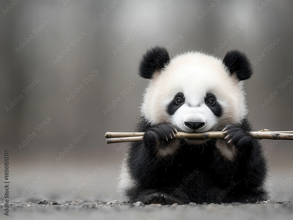 Fototapeta premium Panda Munching on Bamboo Sticks in Natural Habitat
