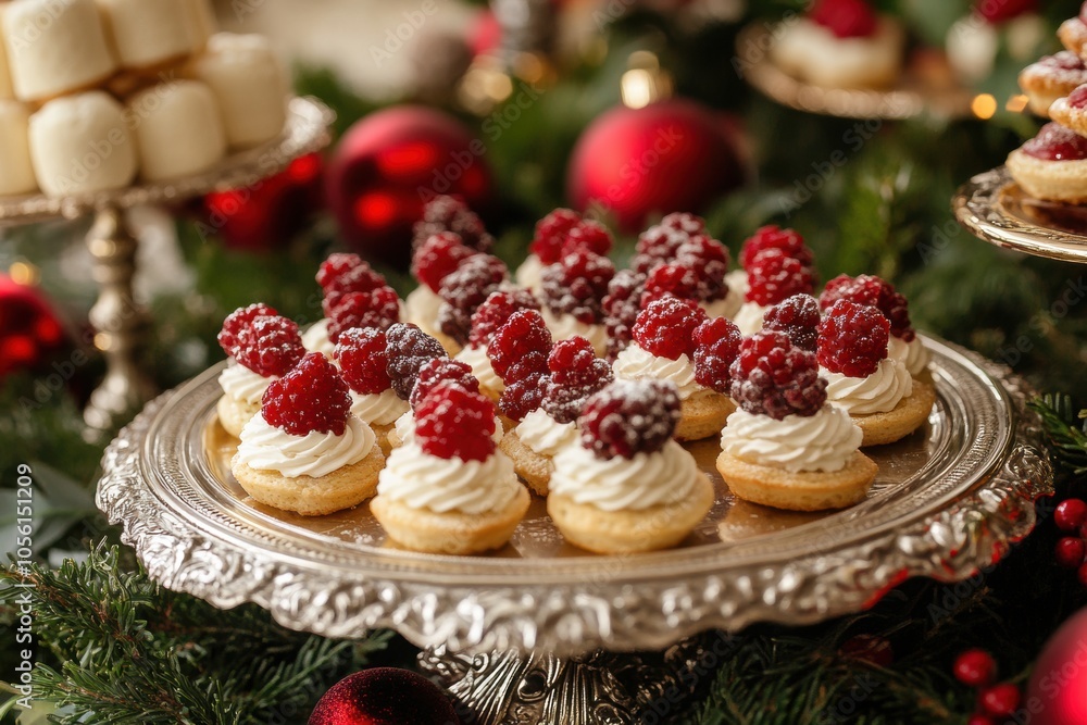 holiday dessert display, holiday-themed sweet canapes presented on a vintage silver tray with holly branches, creating a warm and inviting christmas setting holiday dessert display, holiday-themed sweet canapes presented on a vintage silver tray with holly branches, creating a warm and inviting christmas setting