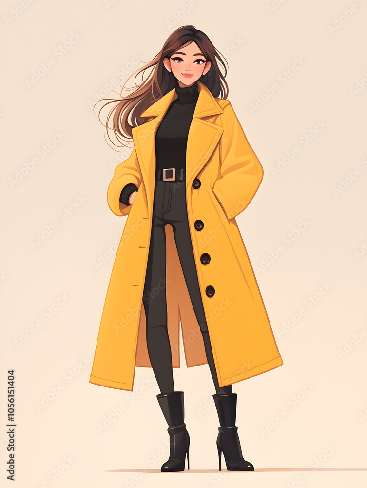 A young woman with long brown hair is wearing a yellow coat, black pants, and black boots. A young woman with long brown hair is wearing a yellow coat, black pants, and black boots.