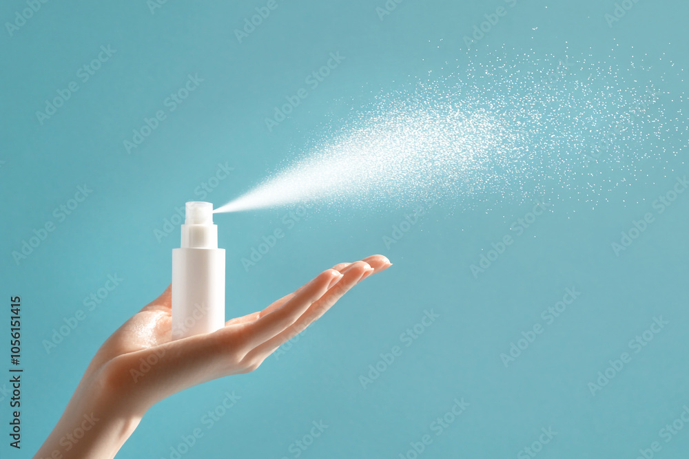A close-up of a hand holding a spray bottle of lotion or toner, with a burst of liquid mist suspended mid-air, set against a clean blue background. The splash effect creates a refreshing feel