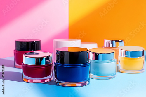 An array of cosmetic jars displayed against a vibrant yellow background, featuring various shapes and sizes in multiple colors. The jars contain creams and skincare products