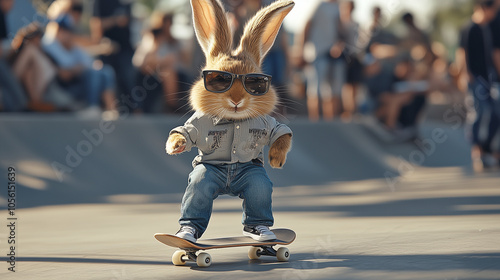 rabbit on skateboard, in jeans, shirt and sunglasses, standing in the air, low angle shooting, in skatepark, people watching