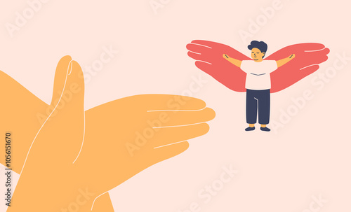 Parent hands giving small boy wings. Empower children to become independent, confident, and capable of navigating life. Adults Teaching and support kids. Vector