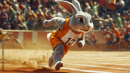 Rabbit in athlete outfit running