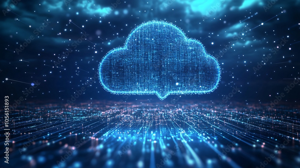 Digital Cloud Icon Made of Glowing Blue Lines and Dots, Symbolizing Cloud Computing Technology. Digital Cloud Icon Made of Glowing Blue Lines and Dots, Symbolizing Cloud Computing Technology.