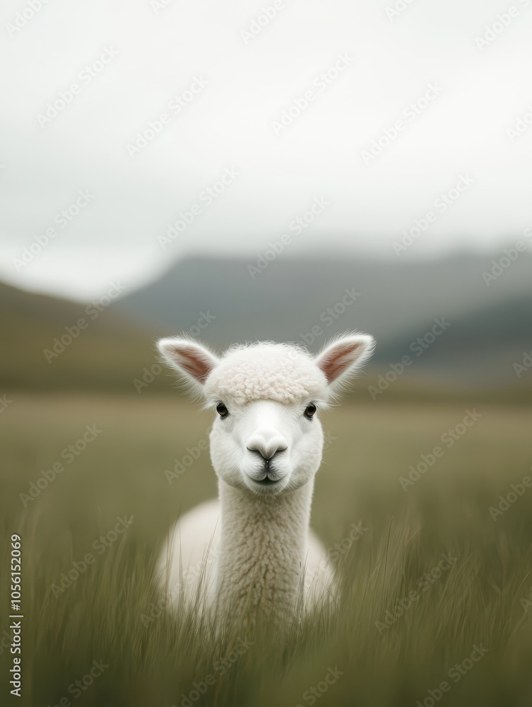 Obraz premium Alpaca in a Field with Black and White Contrast