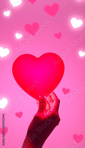 Valentines day hand holding heart background 3d illustration rendering. Holographic neon color flat lay isolated with white highlights, png