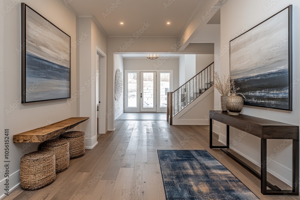 Fototapeta premium entryway decor, in a vast foyer, a dark wooden console table is complemented by contemporary art and a big mirror, creating a welcoming atmosphere with a clean space for messaging