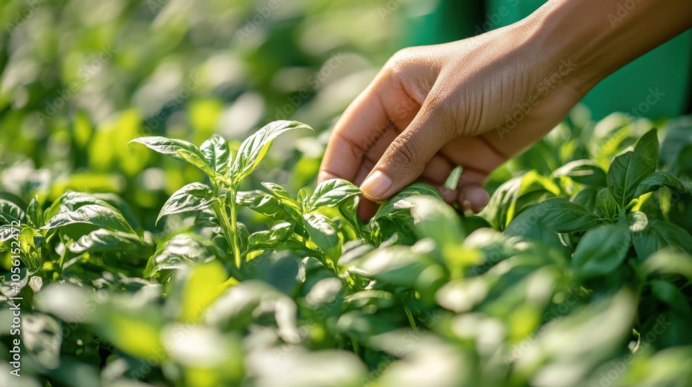 A close-up shot of a hand picking fresh Thai basil from a lush green herb garden. A close-up shot of a hand picking fresh Thai basil from a lush green herb garden.