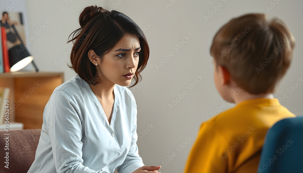 Sad and worried mother talking to a psychologist about her child's behavior isolated with white highlights, png Sad and worried mother talking to a psychologist about her child's behavior isolated with white highlights, png