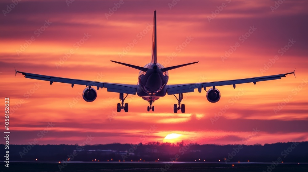 An airplane approaches the runway during sunset An airplane approaches the runway during sunset