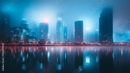 Glistening city lights shine through dense fog