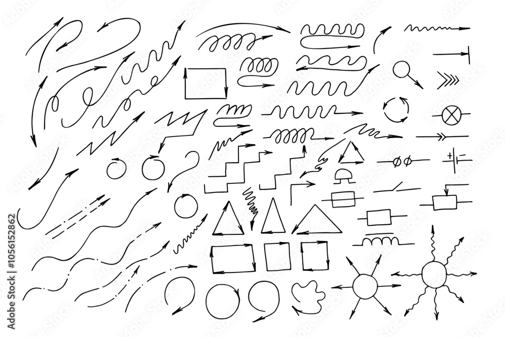 Vector arrows symbol doodle on different shapes and variation graphic sketch illustration. Simple line art of curve, for business projects and education Vector arrows symbol doodle on different shapes and variation graphic sketch illustration. Simple line art of curve, for business projects and education
