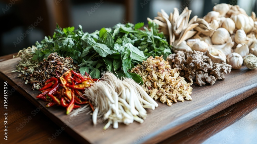 A collection of fresh and dried Thai herbs displayed on a wooden board A collection of fresh and dried Thai herbs displayed on a wooden board