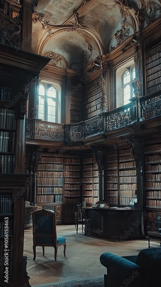 A large room with many bookshelves and a desk A large room with many bookshelves and a desk