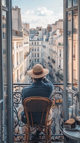 A man wearing a straw hat sits on a wooden chair on a balcony overlooking a city