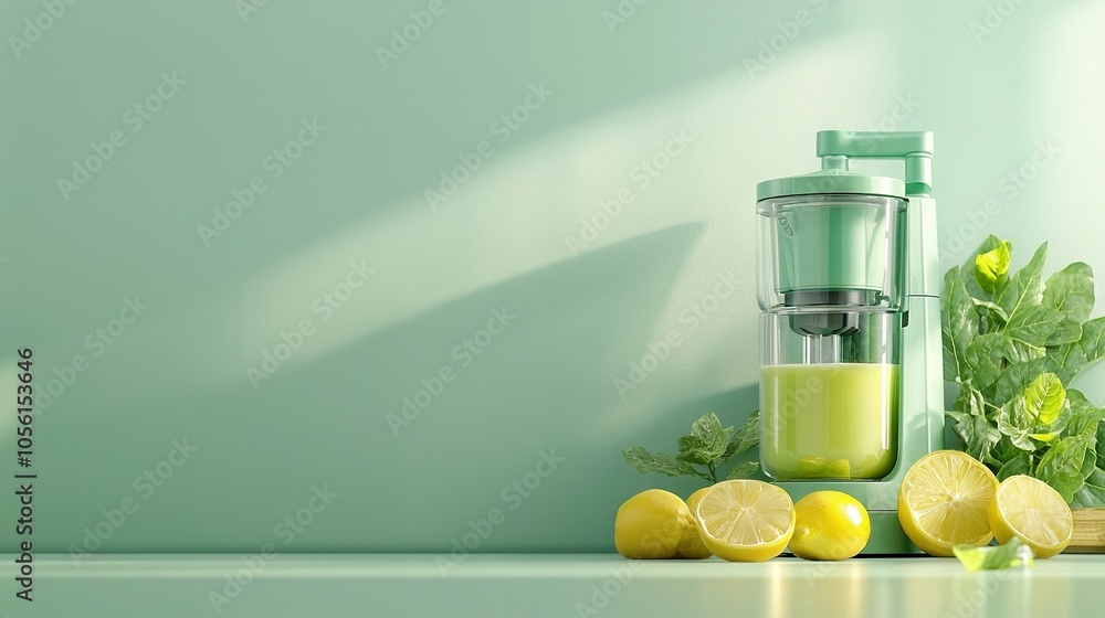 A green liquid-filled blender on a table beside lemons and lettuce A green liquid-filled blender on a table beside lemons and lettuce
