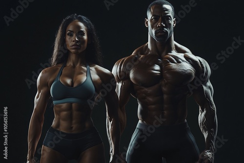 Strong athletes pose dramatically with defined muscles under dramatic lighting in a fitness studio during a bodybuilding competition