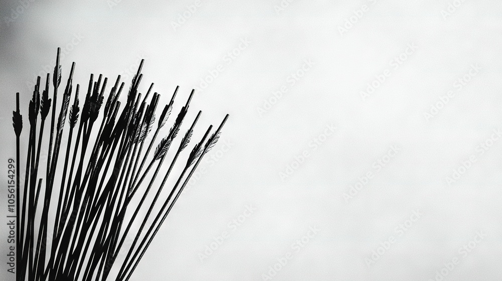 Black-and-white image of sticks protruding from a building façade against a cloudy backdrop Black-and-white image of sticks protruding from a building façade against a cloudy backdrop