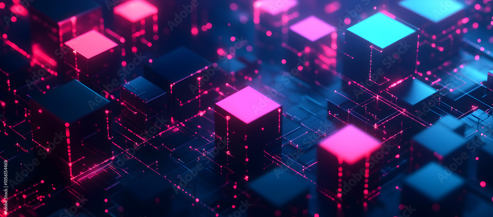 Abstract glowing neon cubes with connecting lines in a digital space. Abstract glowing neon cubes with connecting lines in a digital space.