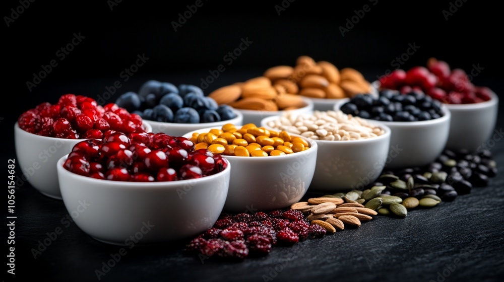 Assorted bowls of various healthy foods on a dark background. Assorted bowls of various healthy foods on a dark background.