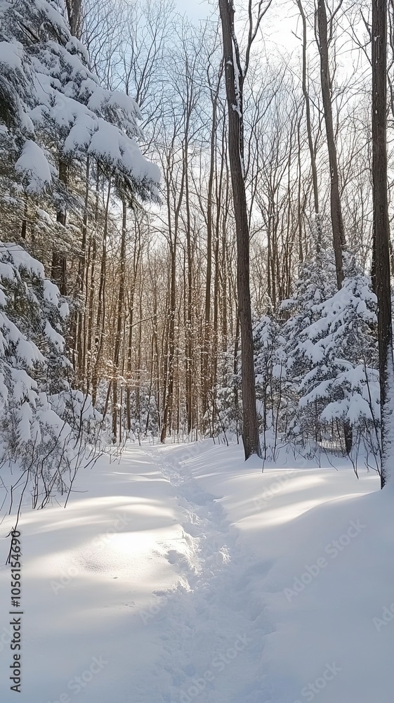 A snowy forest path with trees in the background A snowy forest path with trees in the background