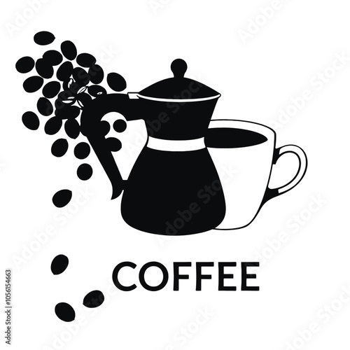 a black and white silhouette of a coffee pot and a cup of coffee. The coffee pot is in the center of the image, with the word COFFEE