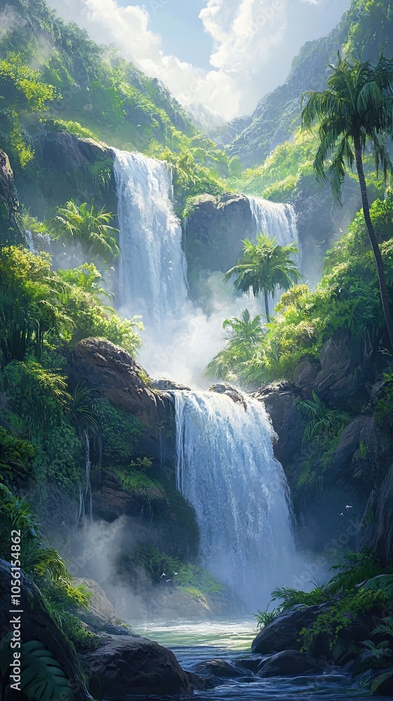 Fototapeta premium A waterfall with a lush green forest in the background