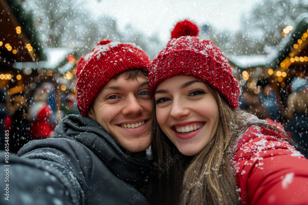 Happy Couple at Snowy Christmas Market Happy Couple at Snowy Christmas Market