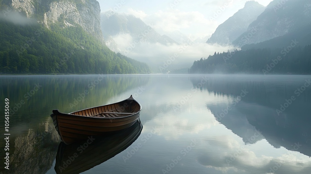 A small boat sits in a lake, surrounded by mountains A small boat sits in a lake, surrounded by mountains