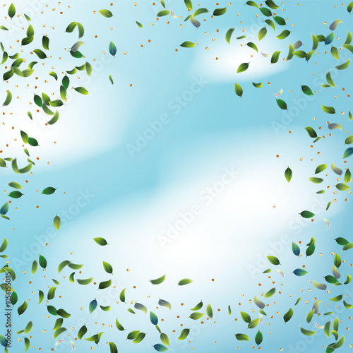 Green Tea Leaves Falling Confetti on Blue Ske Background. Tea Frame. Eco Organic Beauty Product Border. 3d Realistic Mint Plant Illustration. Spring Natural Banner Olive Herb Foliage Mockup Poster.