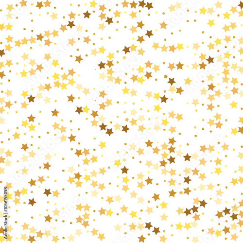 Star Sequin Confetti on White Background. Isolated Flat Birthday Card. Golden Stars Banner. Vector Gold Glitter. Falling Particles on Floor. Voucher Gift Card Template. Christmas Party Frame.