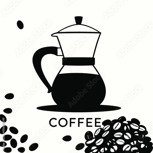 a black and white silhouette of a coffee pot and a cup of coffee. The coffee pot is in the center of the image, with the word COFFEE