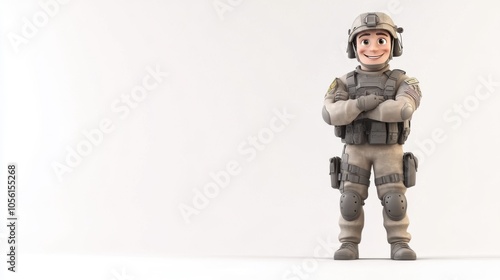 A happy 3D cartoon soldier in full gear, smiling confidently,