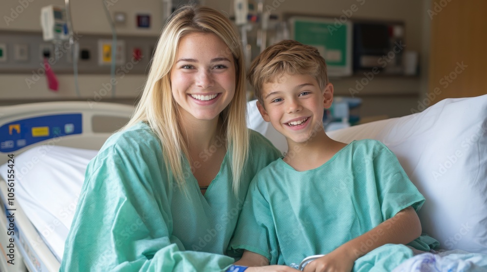 A heartwarming photo of a happy blonde woman in a hospital gown, A heartwarming photo of a happy blonde woman in a hospital gown,