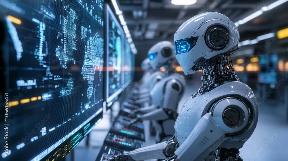 A row of sleek robots operating at trading terminals A row of sleek robots operating at trading terminals