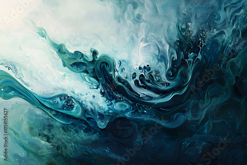 Abstract swirling blue and green liquid paint background.