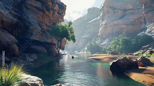 Fototapeta Naklejka Na Ścianę i Meble -  A river flows through a rocky canyon, with a tree on the bank