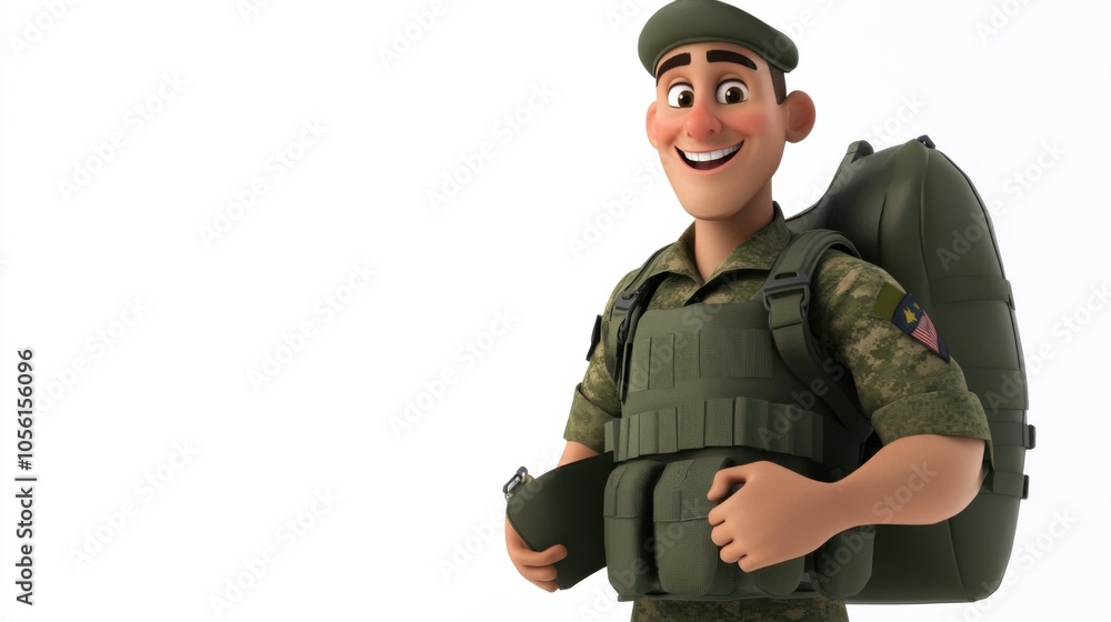 A joyful 3D cartoon soldier with a wide smile, holding a military backpack, A joyful 3D cartoon soldier with a wide smile, holding a military backpack,