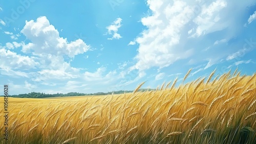 A field of tall golden wheat with a clear blue sky in the background